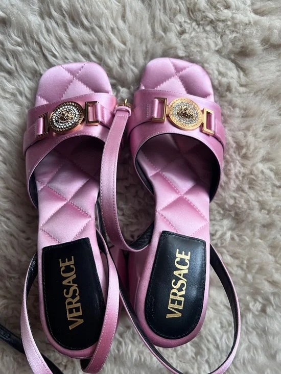 Versace Pink Satin Medusa Block Heel Sandals EU 38 / US 8 – Unworn - Picture 2 of 6
